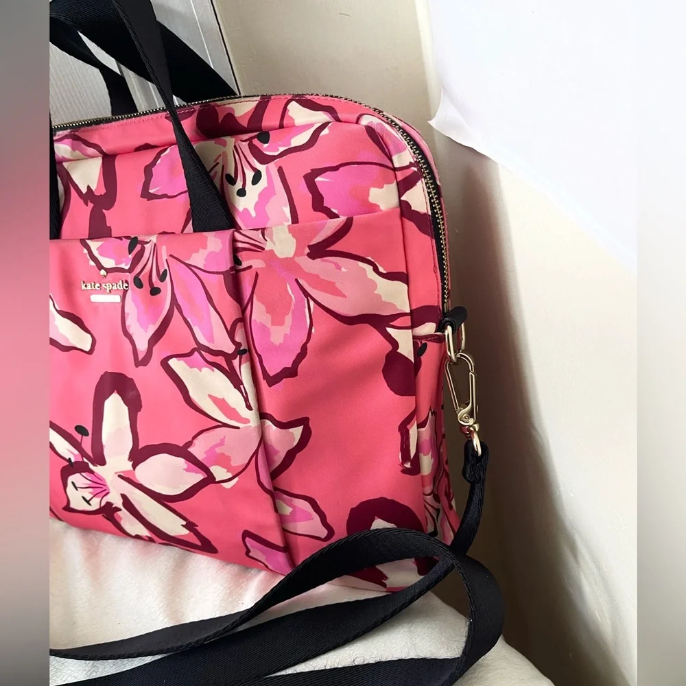kate spade Pink Floral Laptop Bag with Storybook Lining EUC